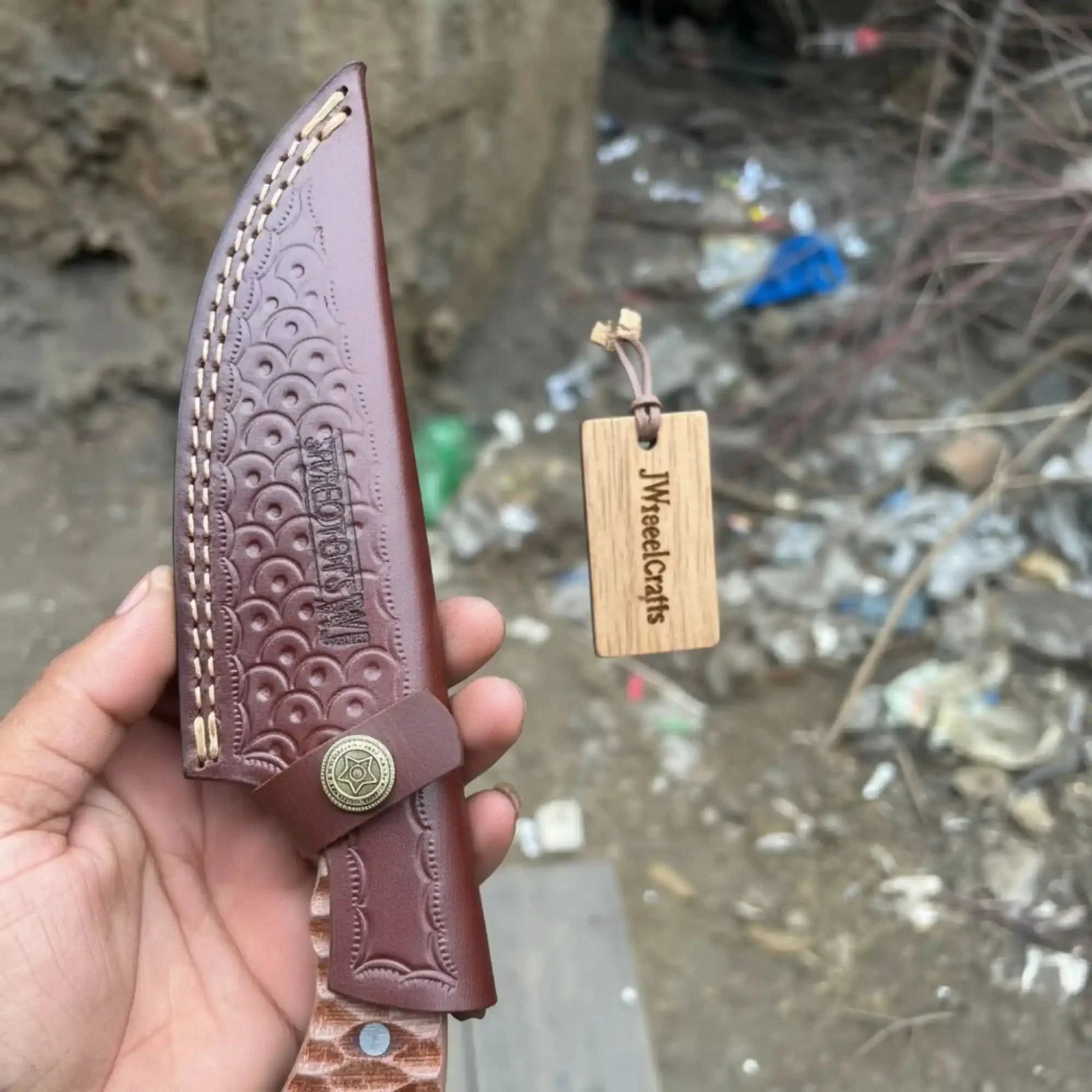Handmade Damascus Karambit Hunting Knife with Brown Micarta Handle by JW SteelCrafts, Damascus knife detail photo 3