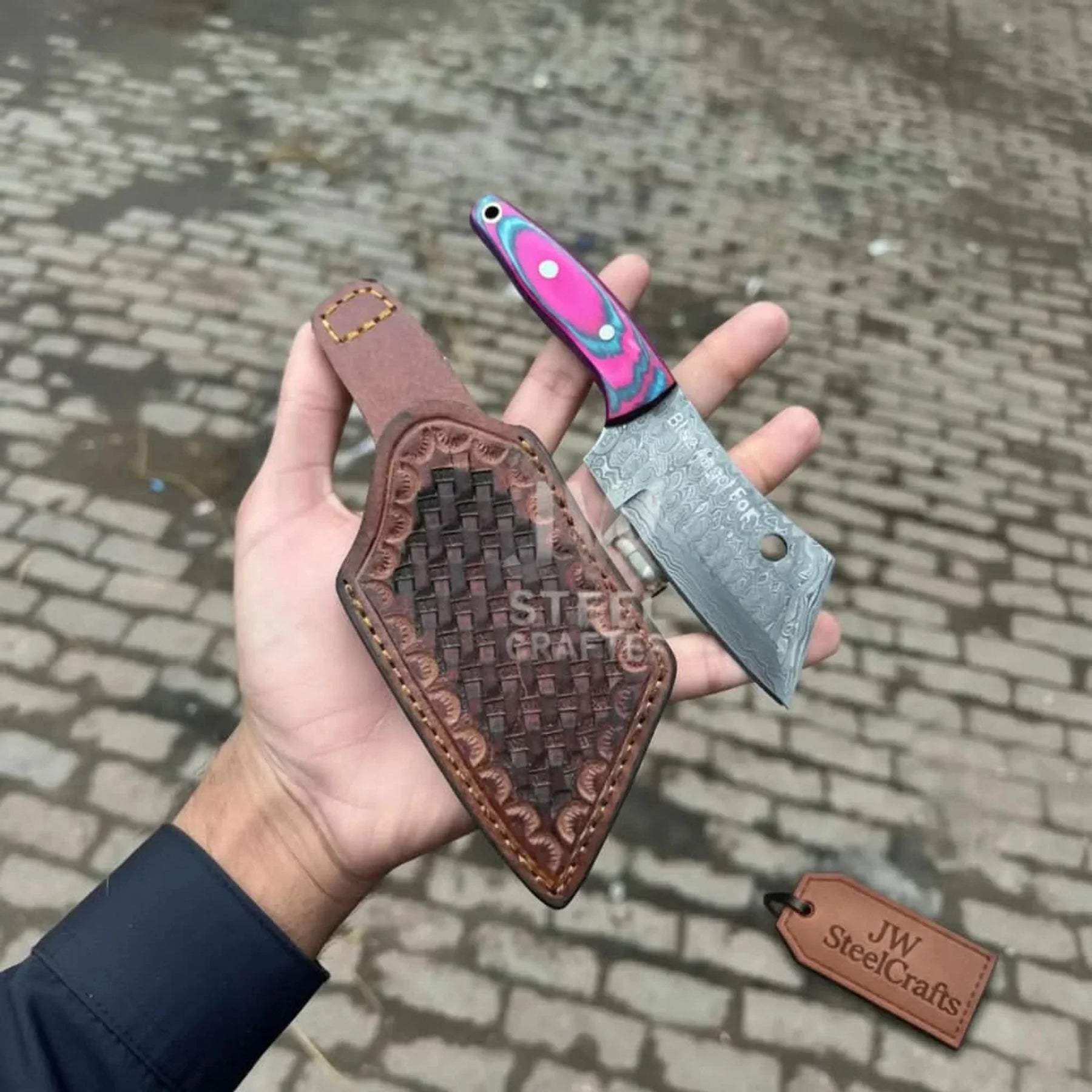 Ko-Bunka Knife Damascus Steel, Reverse Tanto detail view by JW SteelCrafts