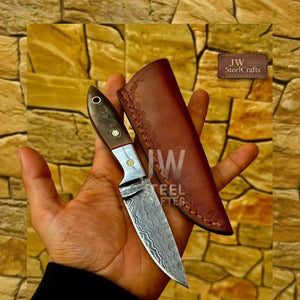 EDC Skinner Knife Damascus Steel, 6.5” Fixed Blade detail view by JW SteelCrafts