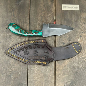 Handmade Skinner Knife with Green Pinecone Resin Handle by JW SteelCrafts, Damascus knife detail photo 2