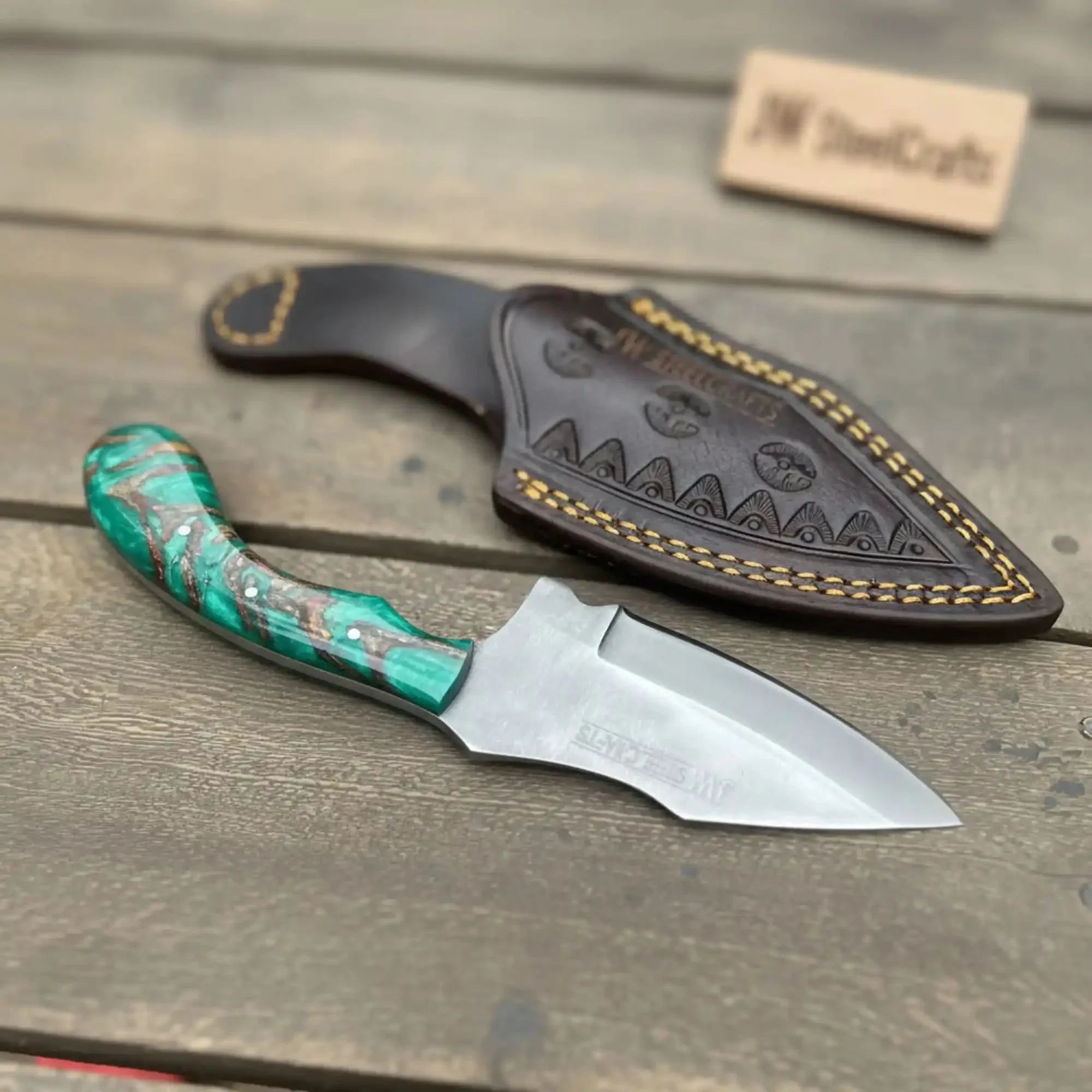 Handmade Skinner Knife with Green Pinecone Resin Handle by JW SteelCrafts, Damascus knife main product photo