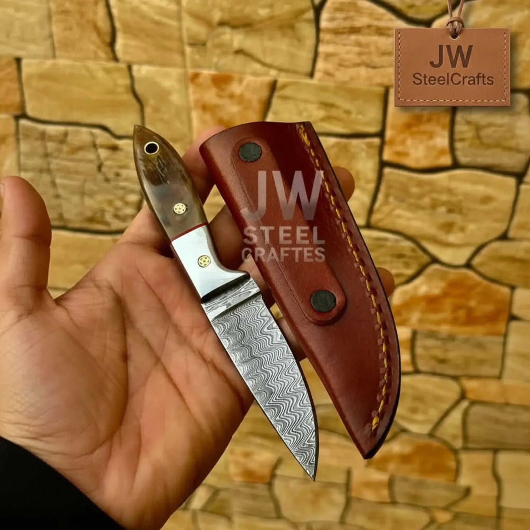 EDC Skinner Knife Damascus Steel, 6.5” Fixed Blade by JW SteelCrafts