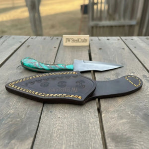 Handmade Skinner Knife with Green Pinecone Resin Handle by JW SteelCrafts, Damascus knife detail photo 3