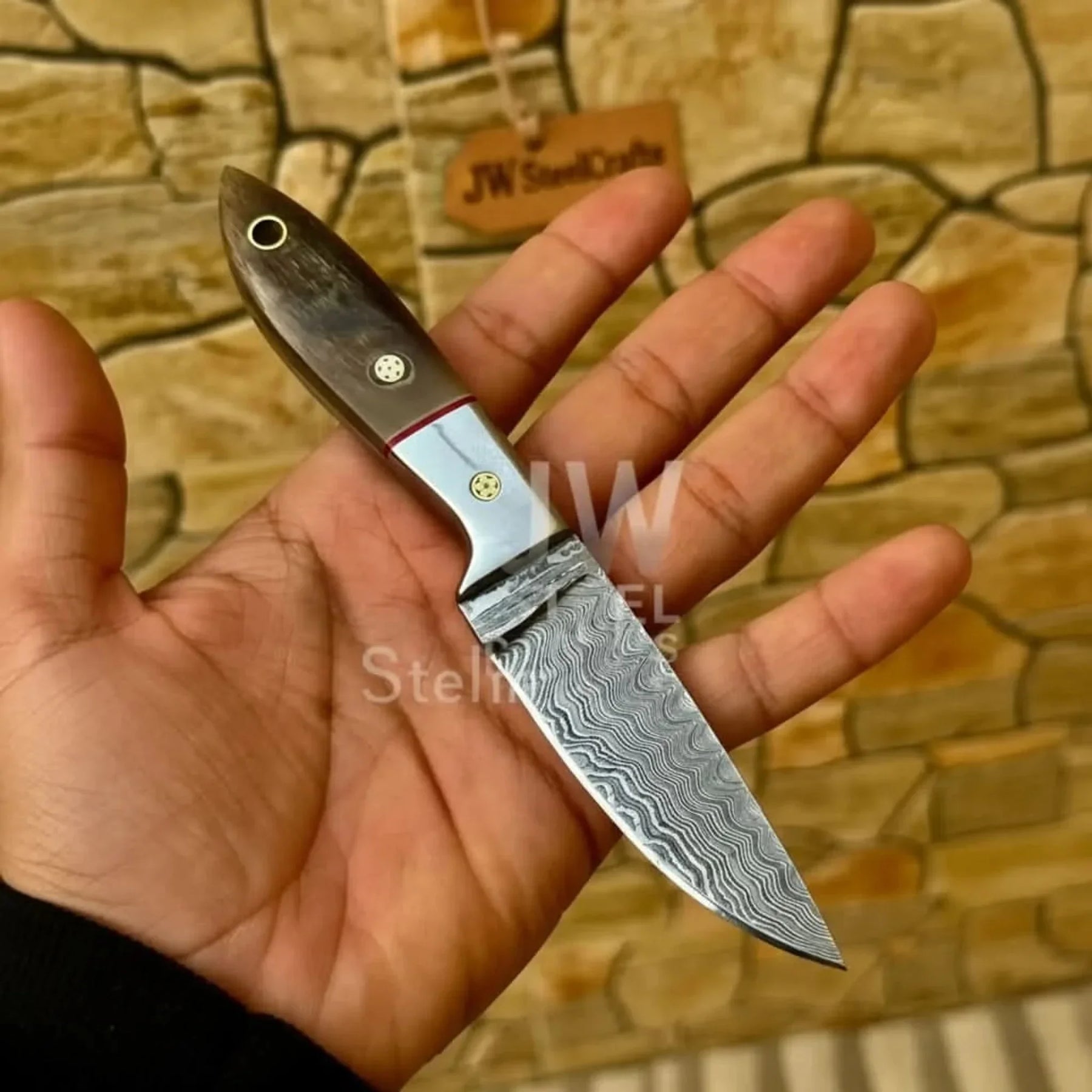 EDC Skinner Knife Damascus Steel, 6.5” Fixed Blade detail view by JW SteelCrafts