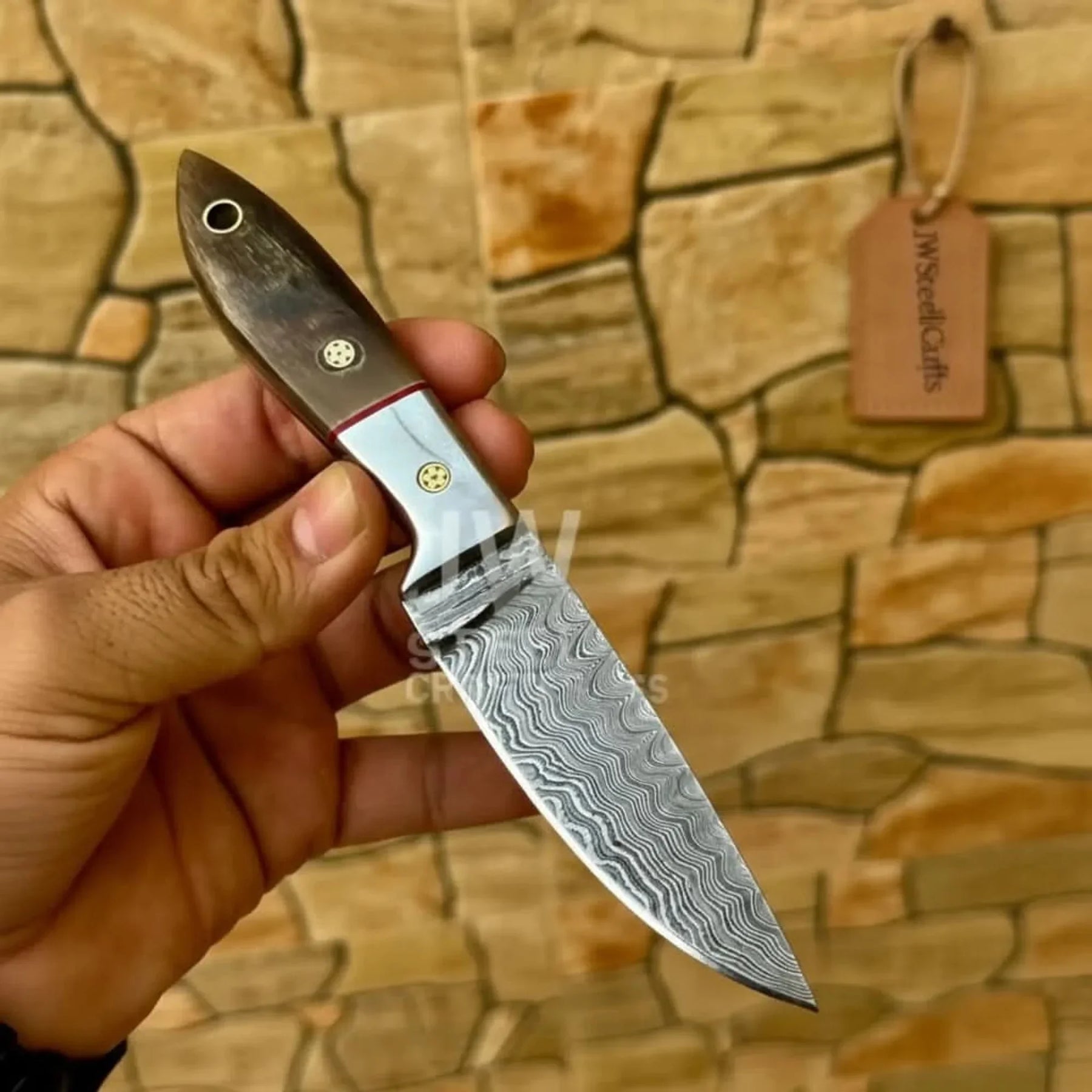 EDC Skinner Knife Damascus Steel, 6.5” Fixed Blade detail view by JW SteelCrafts