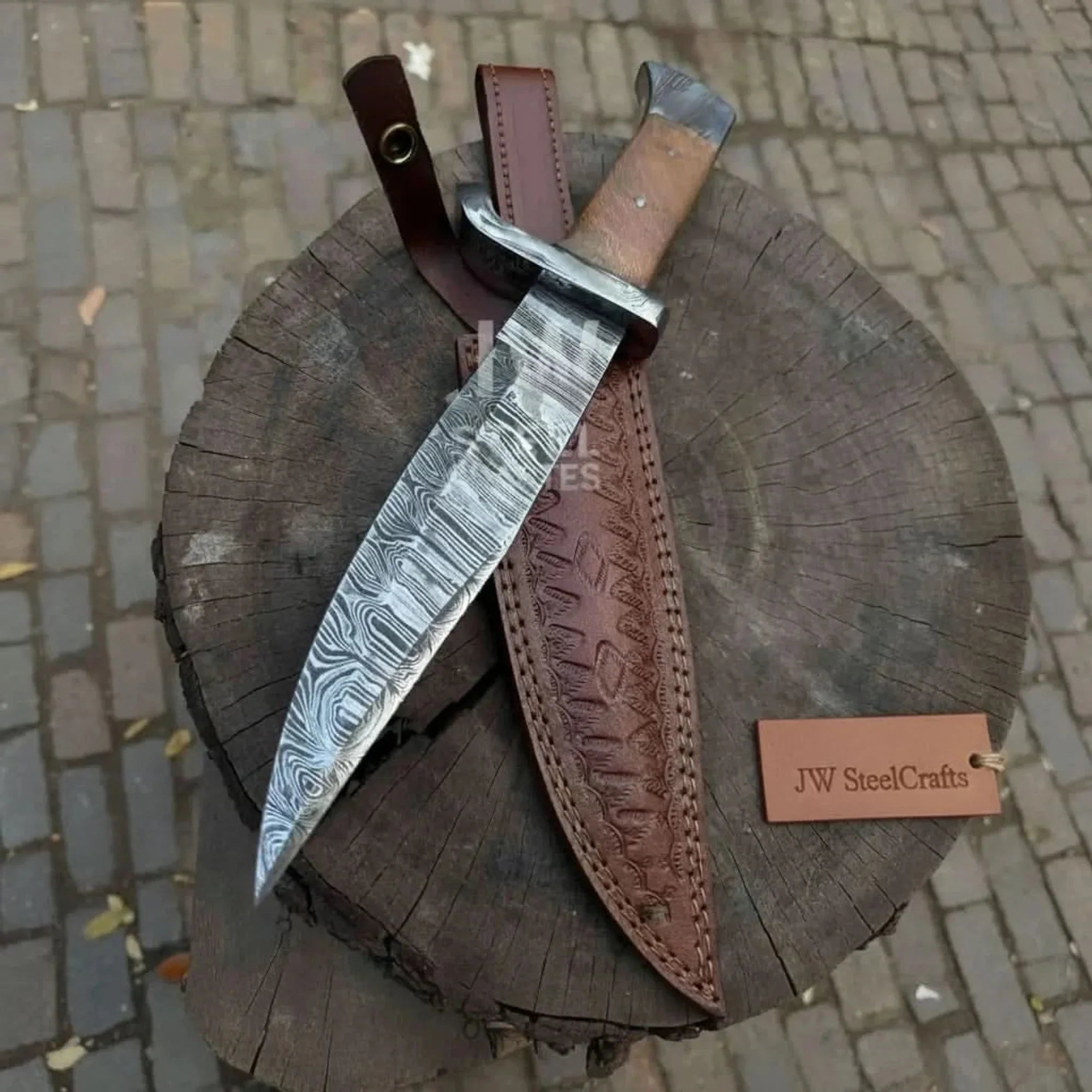 14-Inch Damascus Frontier Bowie Knife — 9-Inch Blade, Lace Wood Coffin Handle, Steel Guard & Tooled Leather Sheath by JW