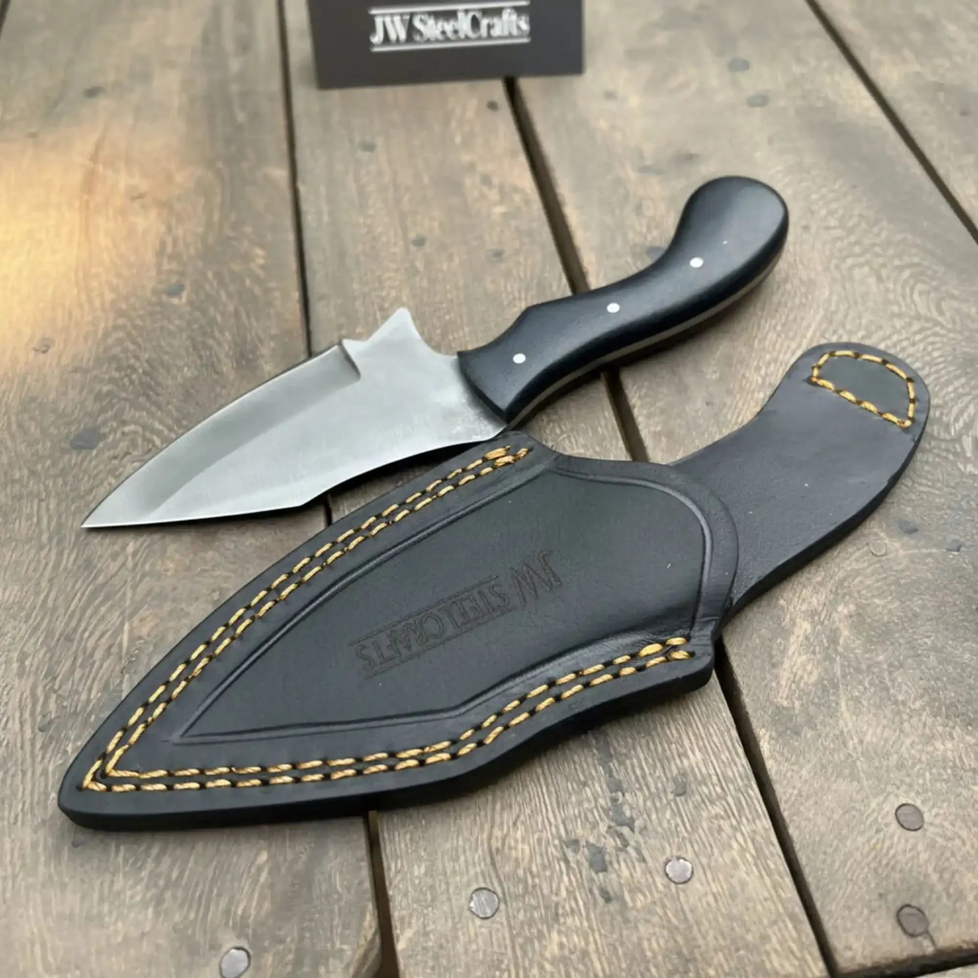 Handmade Tanto Hunting Knife with Black Micarta Handle by JW SteelCrafts, Damascus knife main product photo