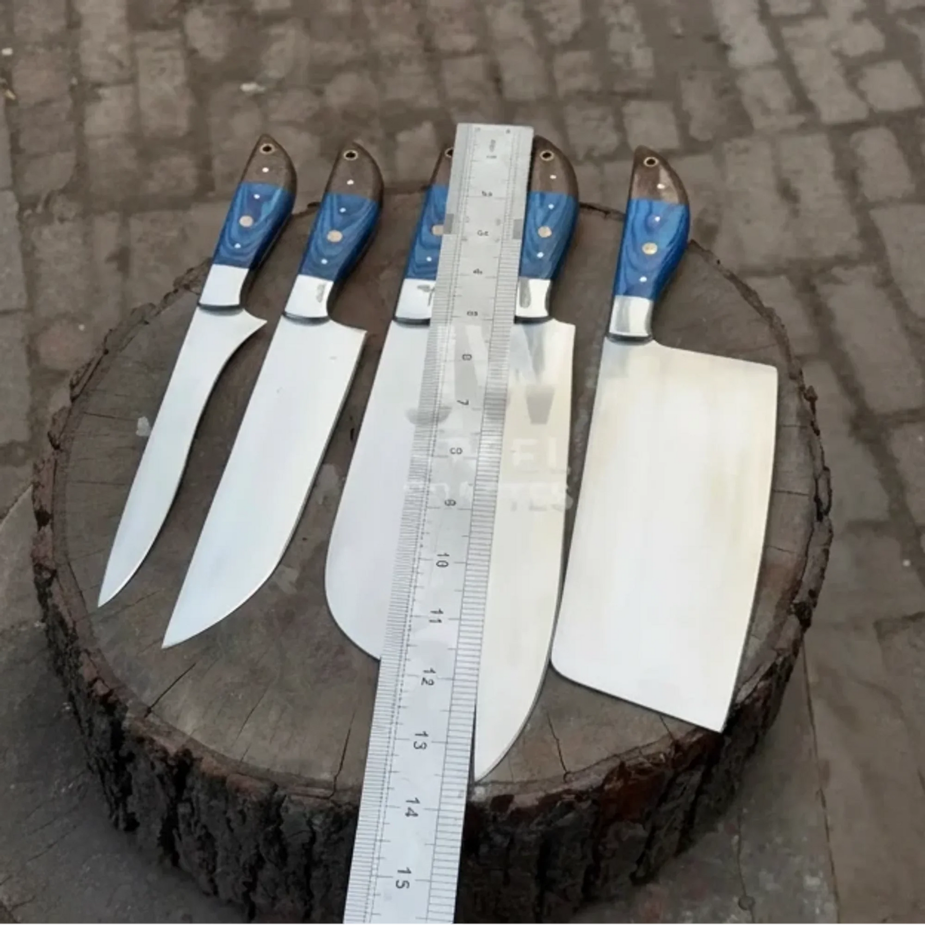 4-Piece High Carbon Steel Kitchen Knife Set — Chef, Butcher, Santoku & Cleaver with Blue Pakka Wood Handles by JW SteelCrafts