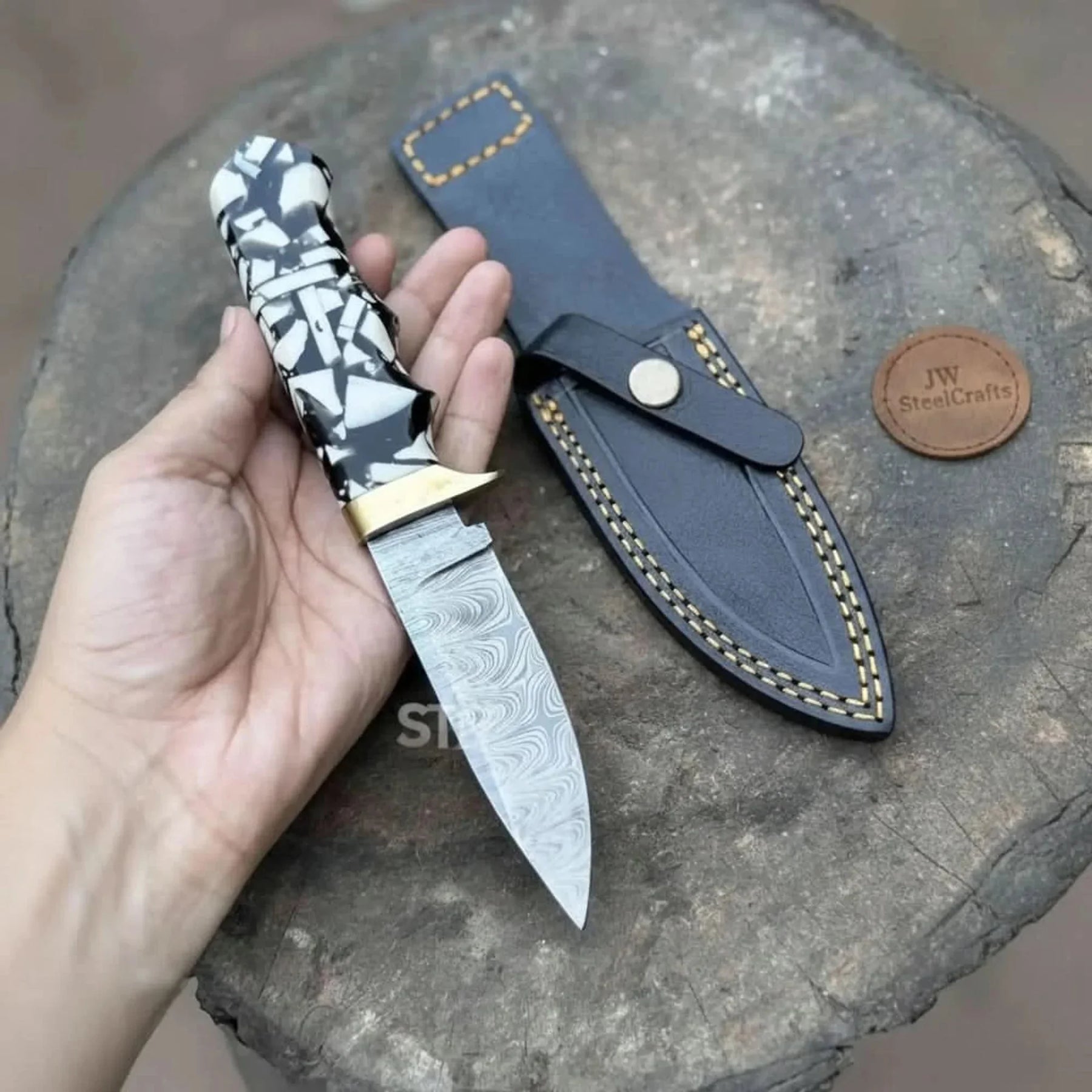 Handmade 7 Inch Damascus Outdoor Utility Knife Multiple Handle Options detail view by JW SteelCrafts