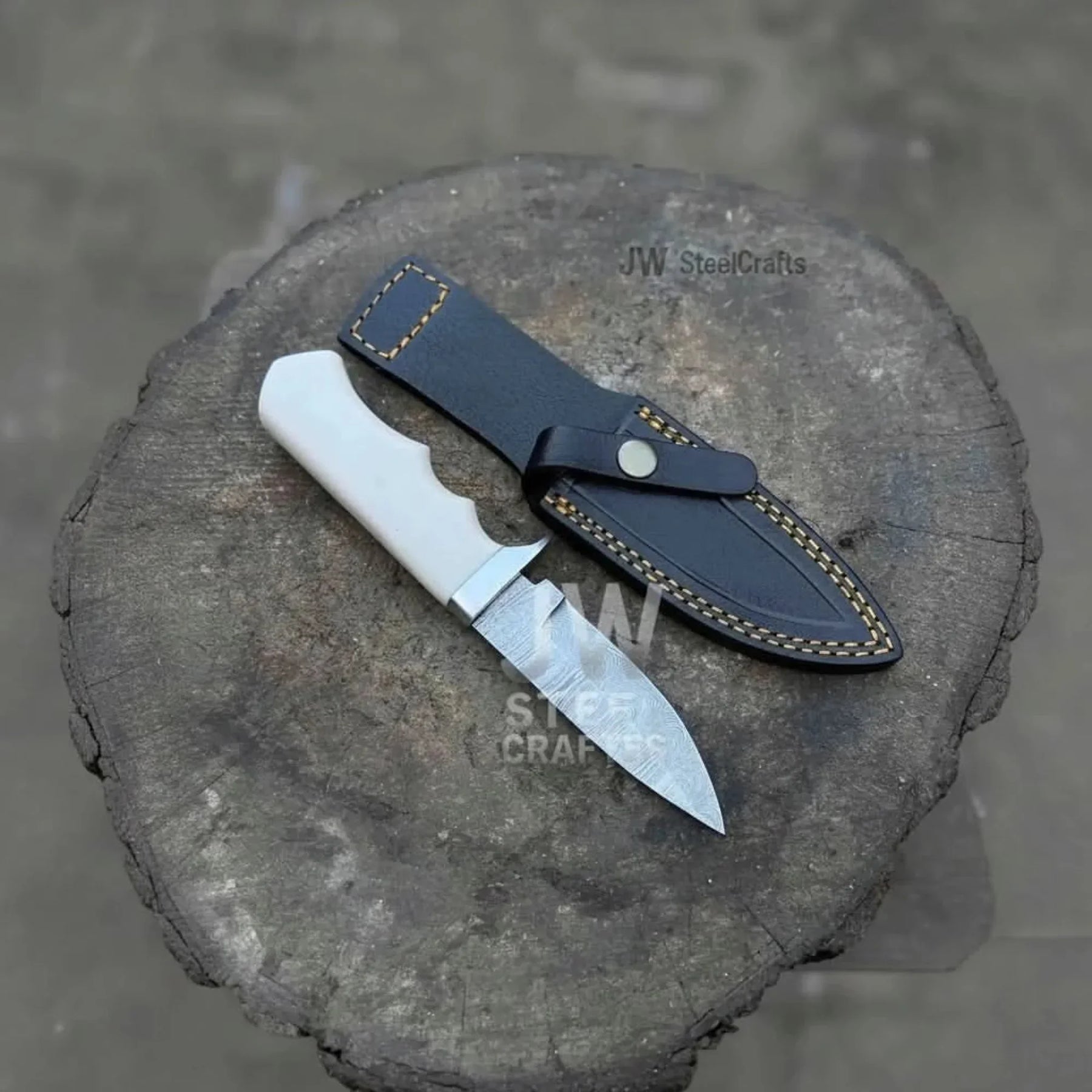 Handmade 7 Inch Damascus Outdoor Utility Knife Multiple Handle Options detail view by JW SteelCrafts