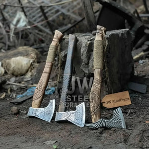 Norse Viking Axe Set with Engraved Steel Heads and Carved Hardwood Handles by JW SteelCrafts