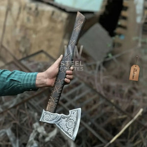 Norse Viking Axe Set with Engraved Steel Heads and Carved Hardwood Handles detail view by JW SteelCrafts