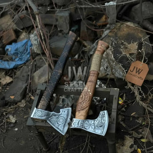 Norse Viking Axe Set with Engraved Steel Heads and Carved Hardwood Handles detail view by JW SteelCrafts