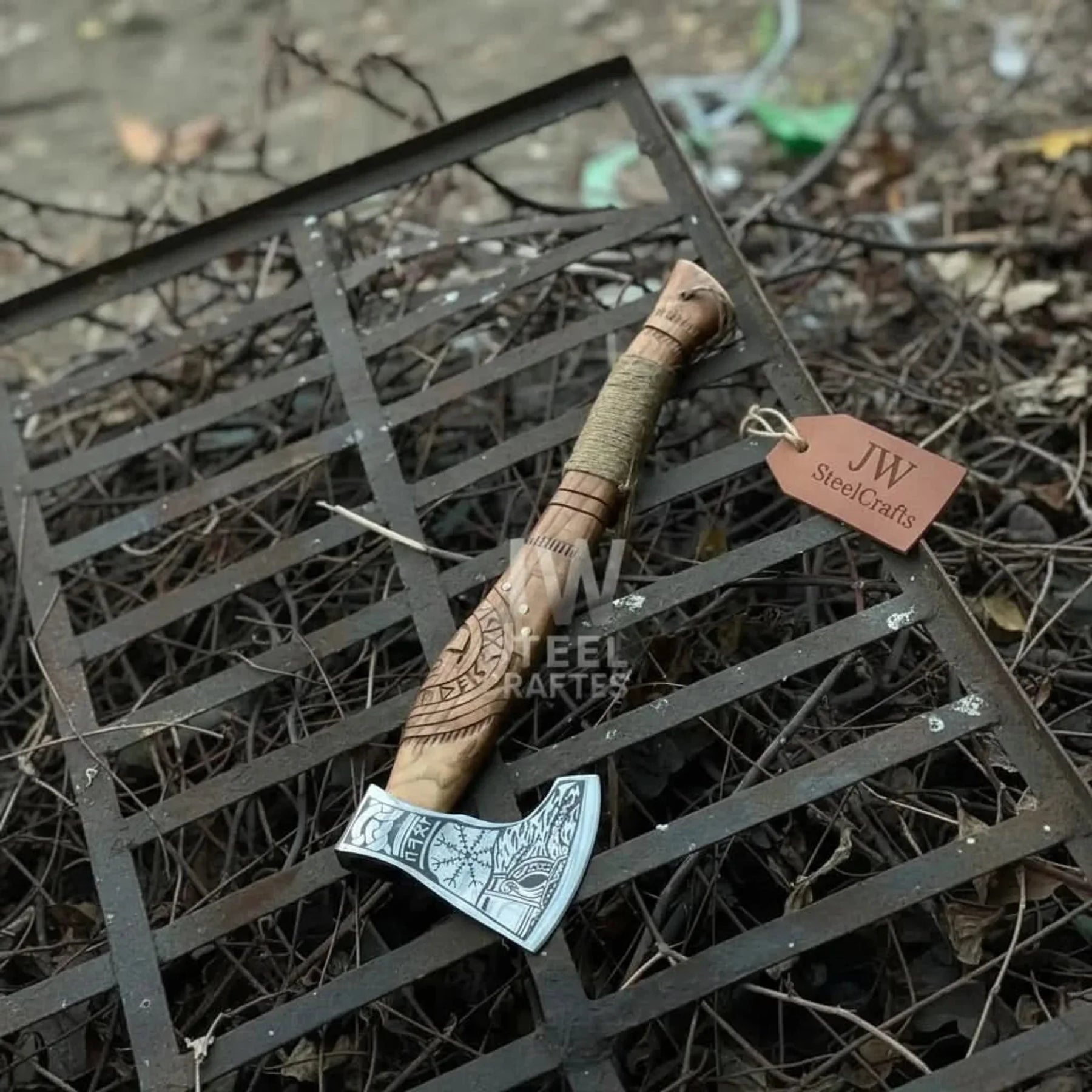 Norse Viking Axe Set with Engraved Steel Heads and Carved Hardwood Handles detail view by JW SteelCrafts