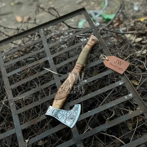 Norse Viking Axe Set with Engraved Steel Heads and Carved Hardwood Handles detail view by JW SteelCrafts