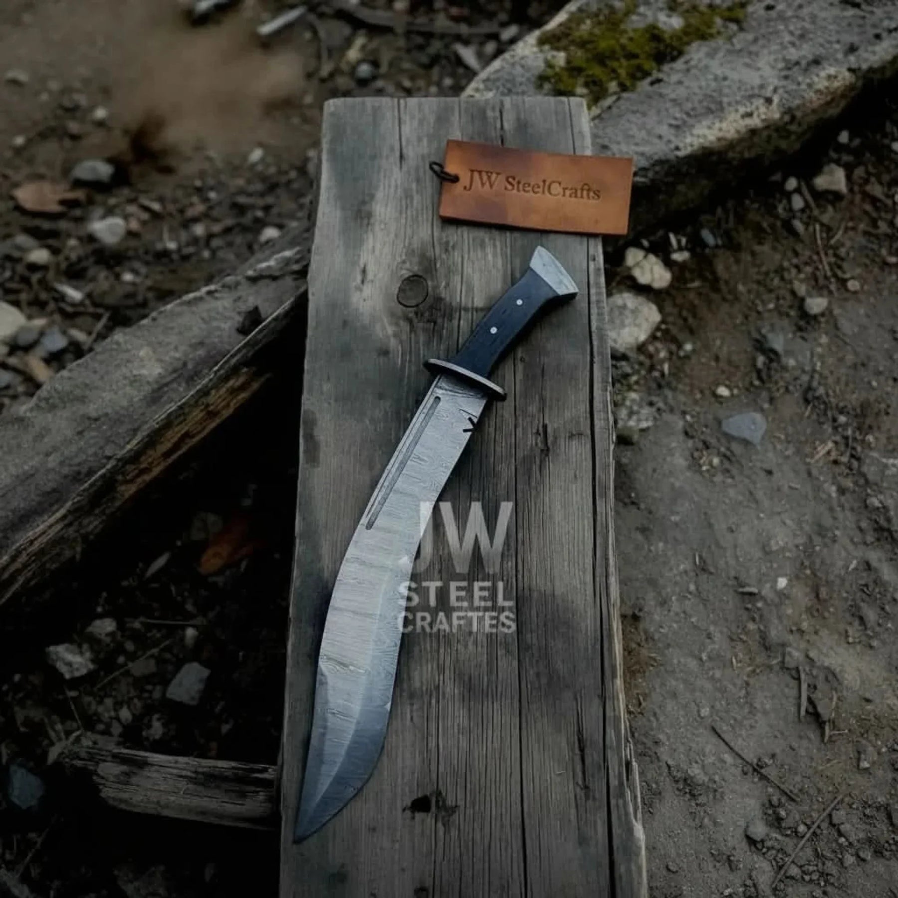 Handmade Kukri Bowie Knife Damascus Steel Recurve Blade Full Tang with Leather Sheath – JW SteelCrafts detail view by JW