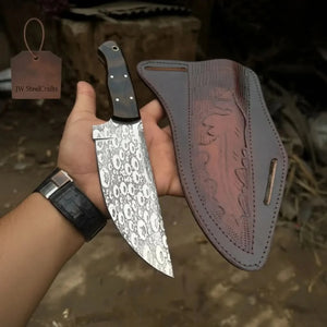 Hand-Forged Hammered Blade Knife Walnut Grip & Belt Sheath by JW SteelCrafts