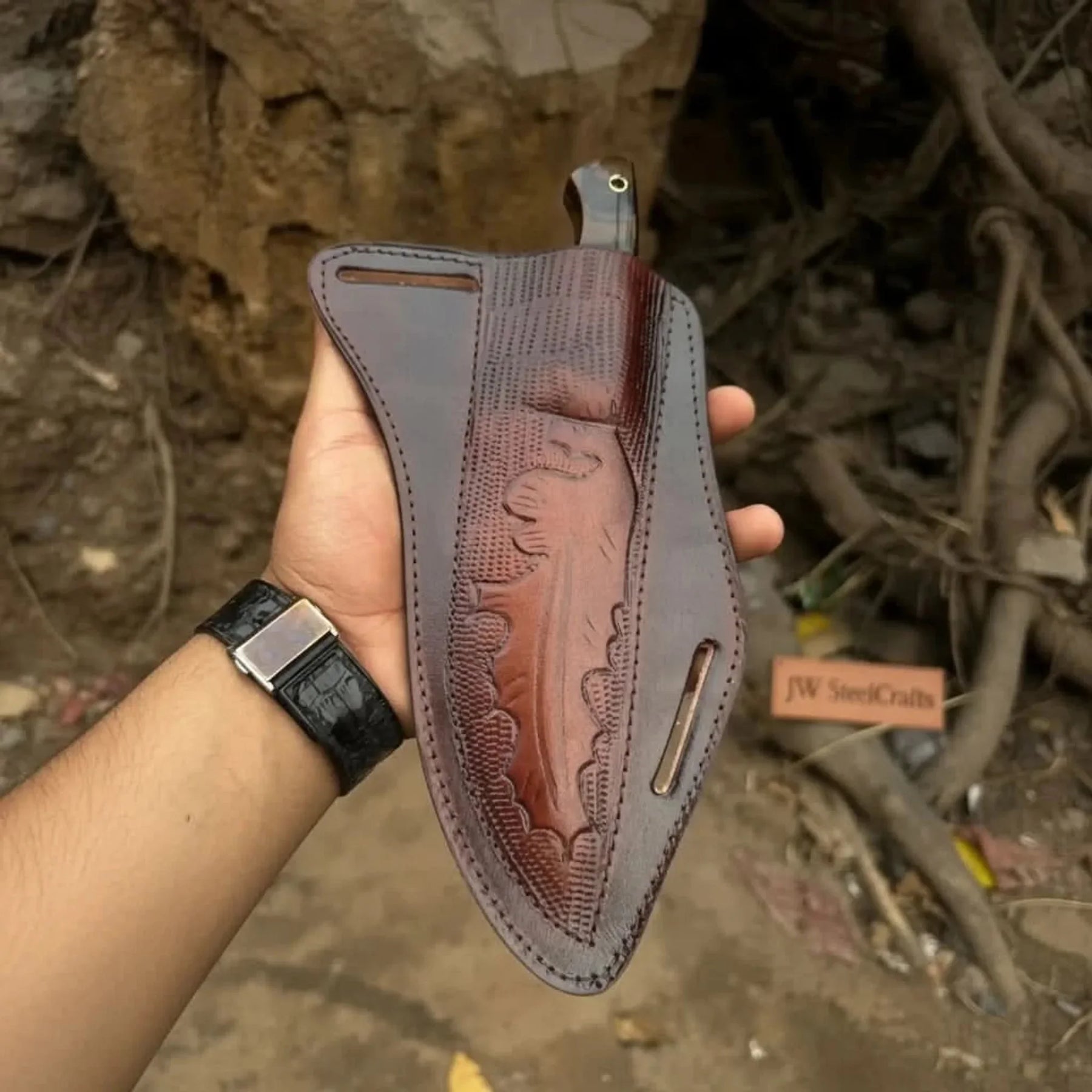 Hand-Forged Hammered Blade Knife Walnut Grip & Belt Sheath detail view by JW SteelCrafts