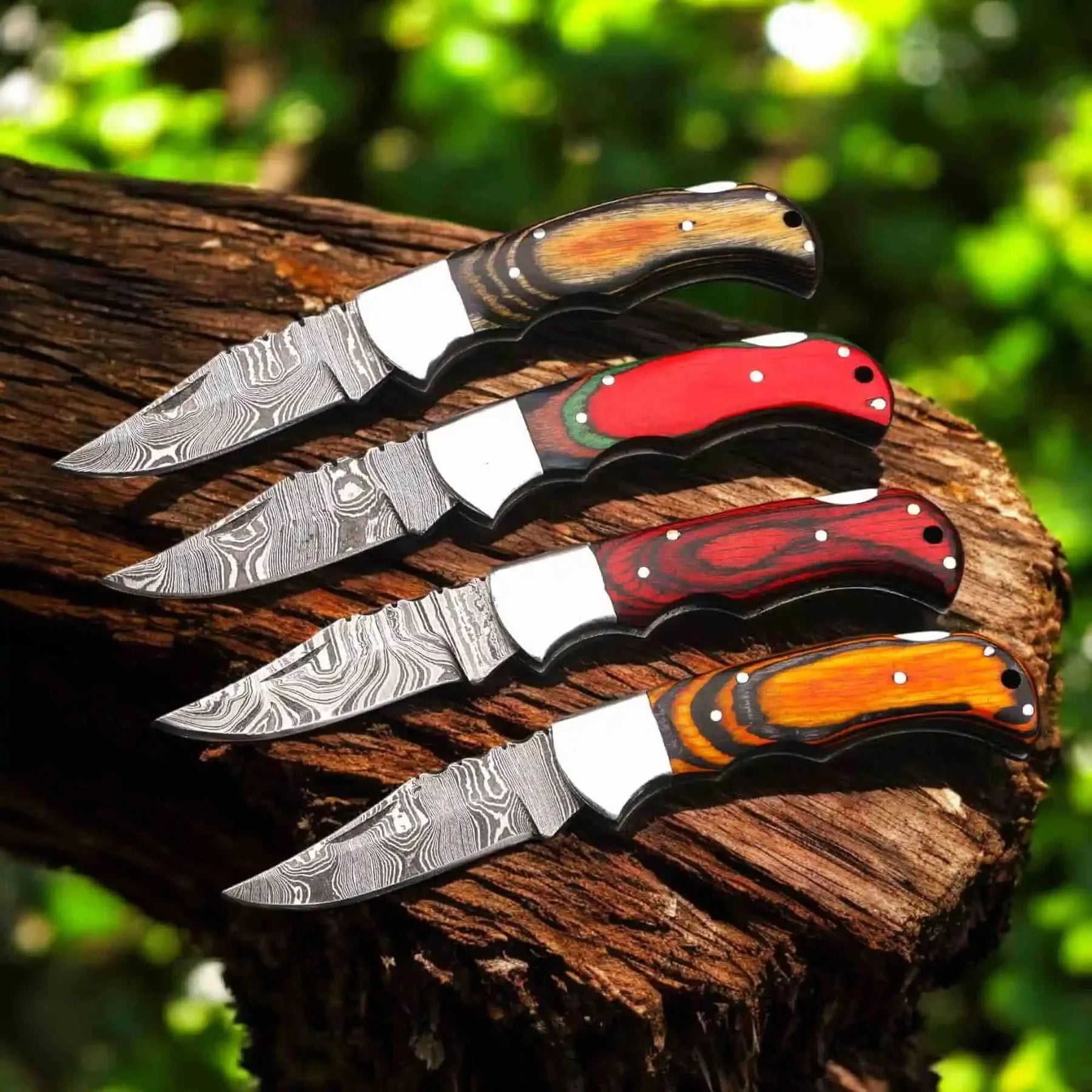 Hand-Filed Damascus Lockback Folder Set with Pakka Wood Handle by JW SteelCrafts
