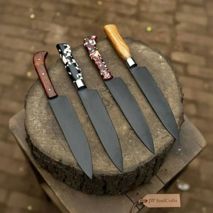 Black Blade Chef Knife Full Tang with Custom Handle & Leather Sheath by JW SteelCrafts