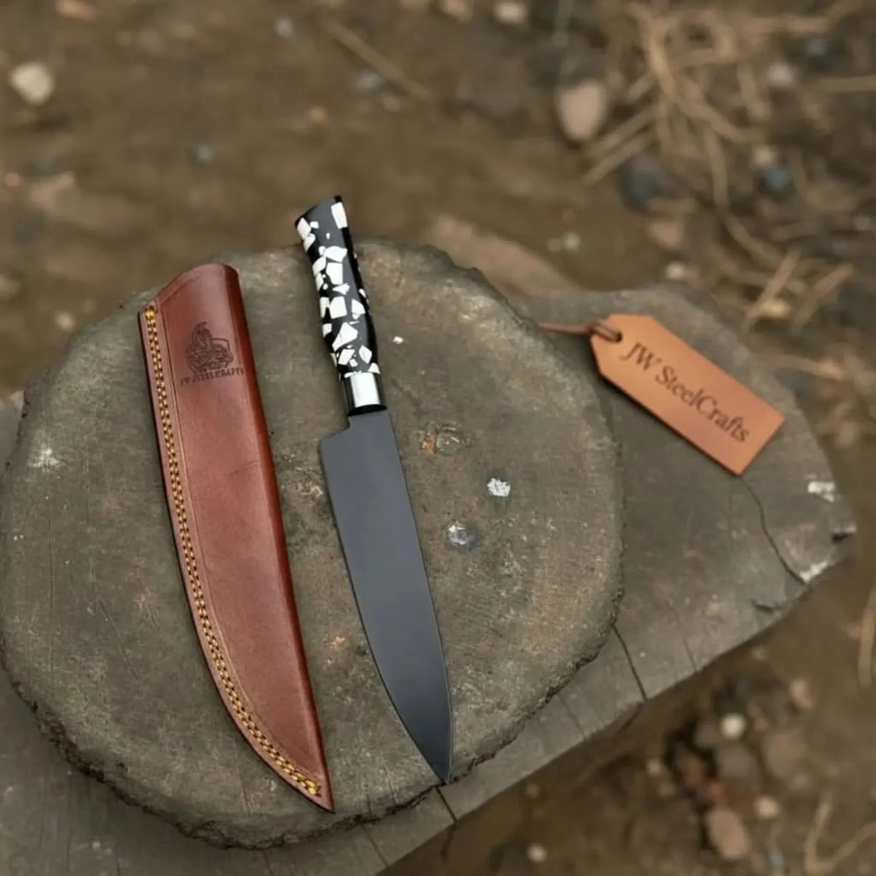 Black Blade Chef Knife Full Tang with Custom Handle & Leather Sheath detail view by JW SteelCrafts