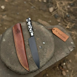 Black Blade Chef Knife Full Tang with Custom Handle & Leather Sheath detail view by JW SteelCrafts