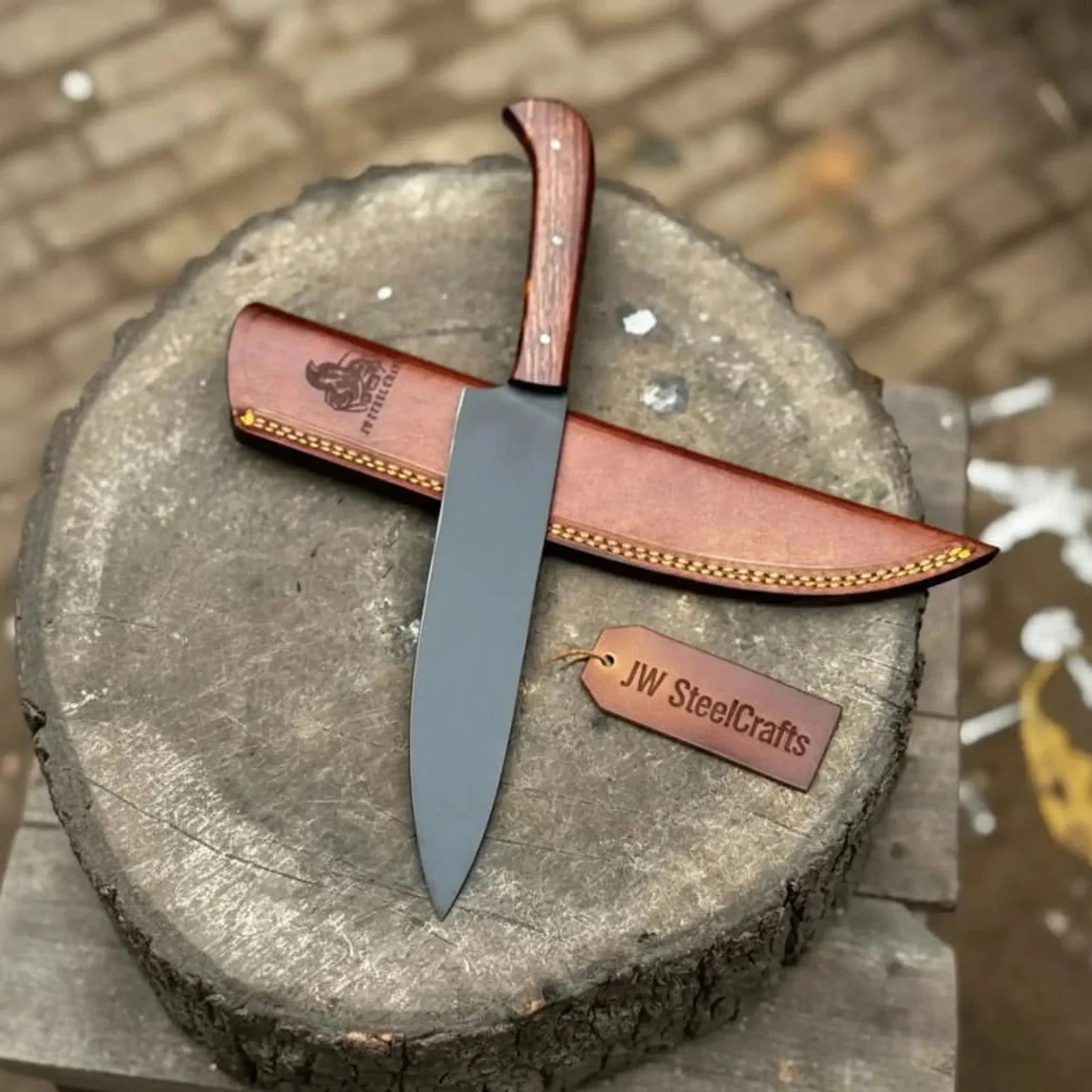 Black Blade Chef Knife Full Tang with Custom Handle & Leather Sheath detail view by JW SteelCrafts