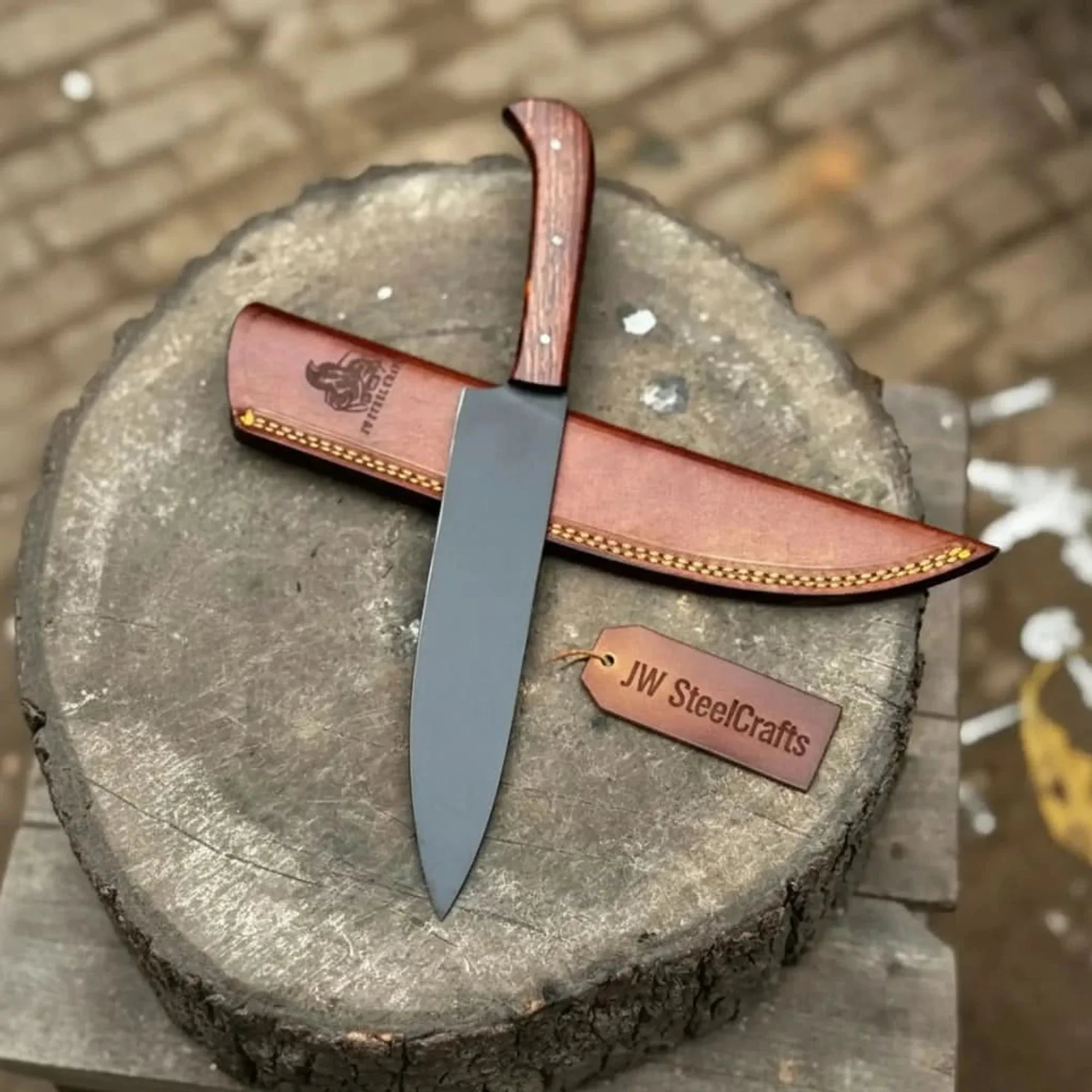 Black Blade Chef Knife Full Tang with Custom Handle & Leather Sheath detail view by JW SteelCrafts