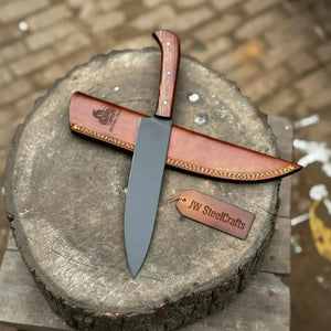 Black Blade Chef Knife Full Tang with Custom Handle & Leather Sheath detail view by JW SteelCrafts