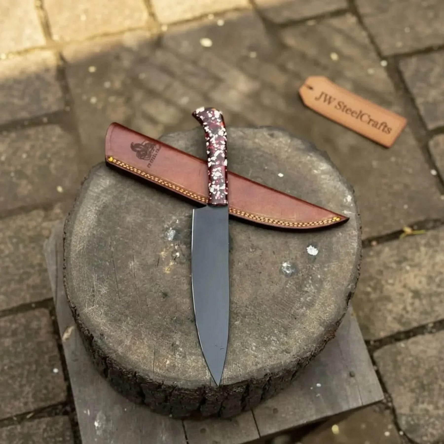 Black Blade Chef Knife Full Tang with Custom Handle & Leather Sheath detail view by JW SteelCrafts