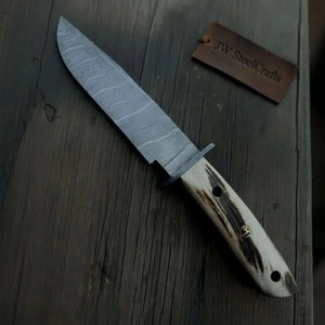 Handmade Damascus Hunting Knife with Stag Antler Bowie Blade detail view by JW SteelCrafts