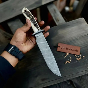 Handmade Damascus Hunting Knife with Stag Antler Bowie Blade detail view by JW SteelCrafts