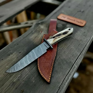 Handmade Damascus Hunting Knife with Stag Antler Bowie Blade detail view by JW SteelCrafts