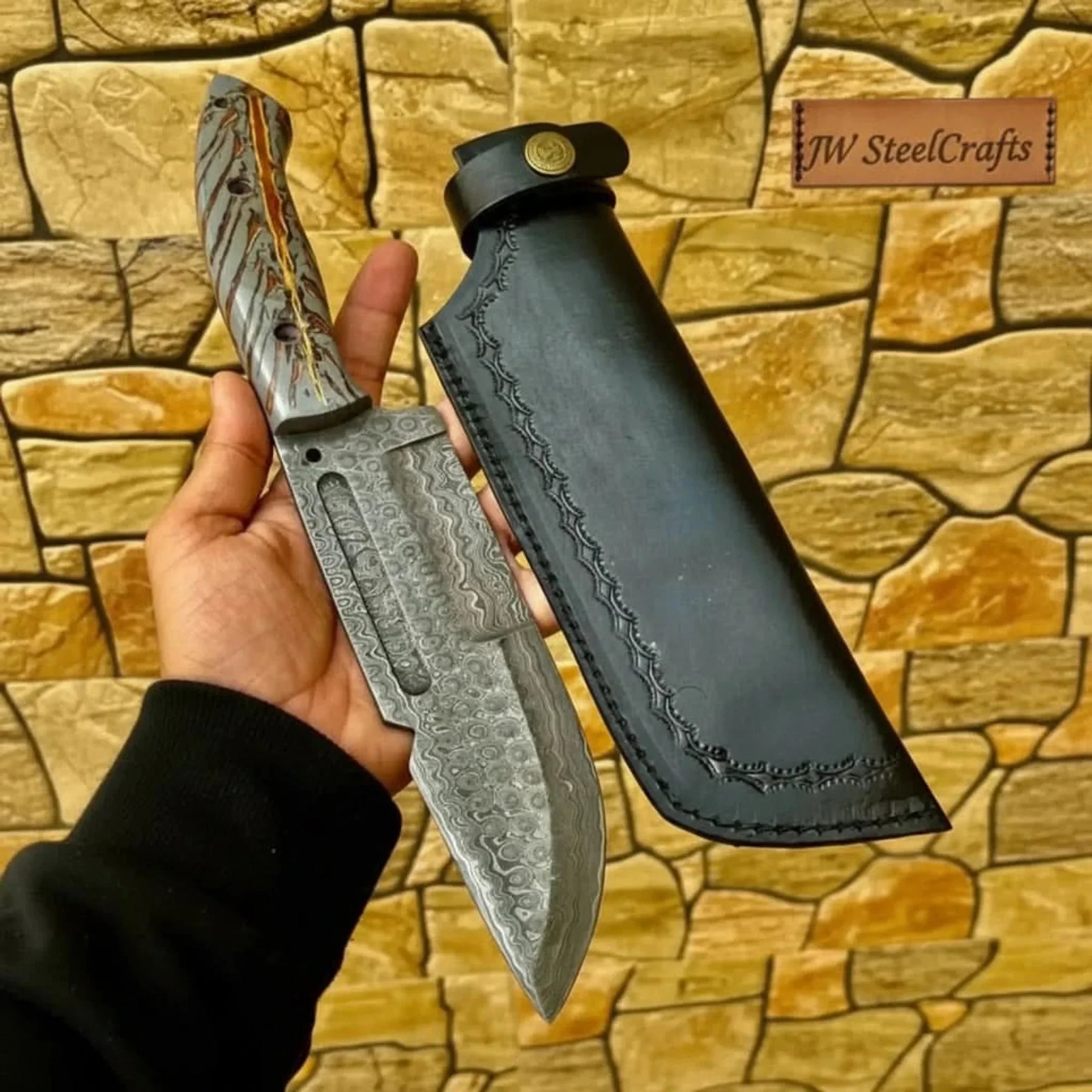 Damascus Hunting Knife with Grey Pinecone Handle Full Tang detail view by JW SteelCrafts