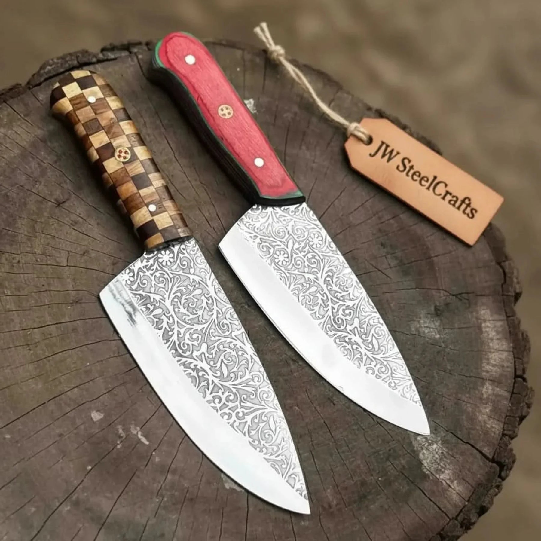 Acid-Etched Chef Knife with Red Pakka Wood & Checker Brown Wood Handle by JW SteelCrafts
