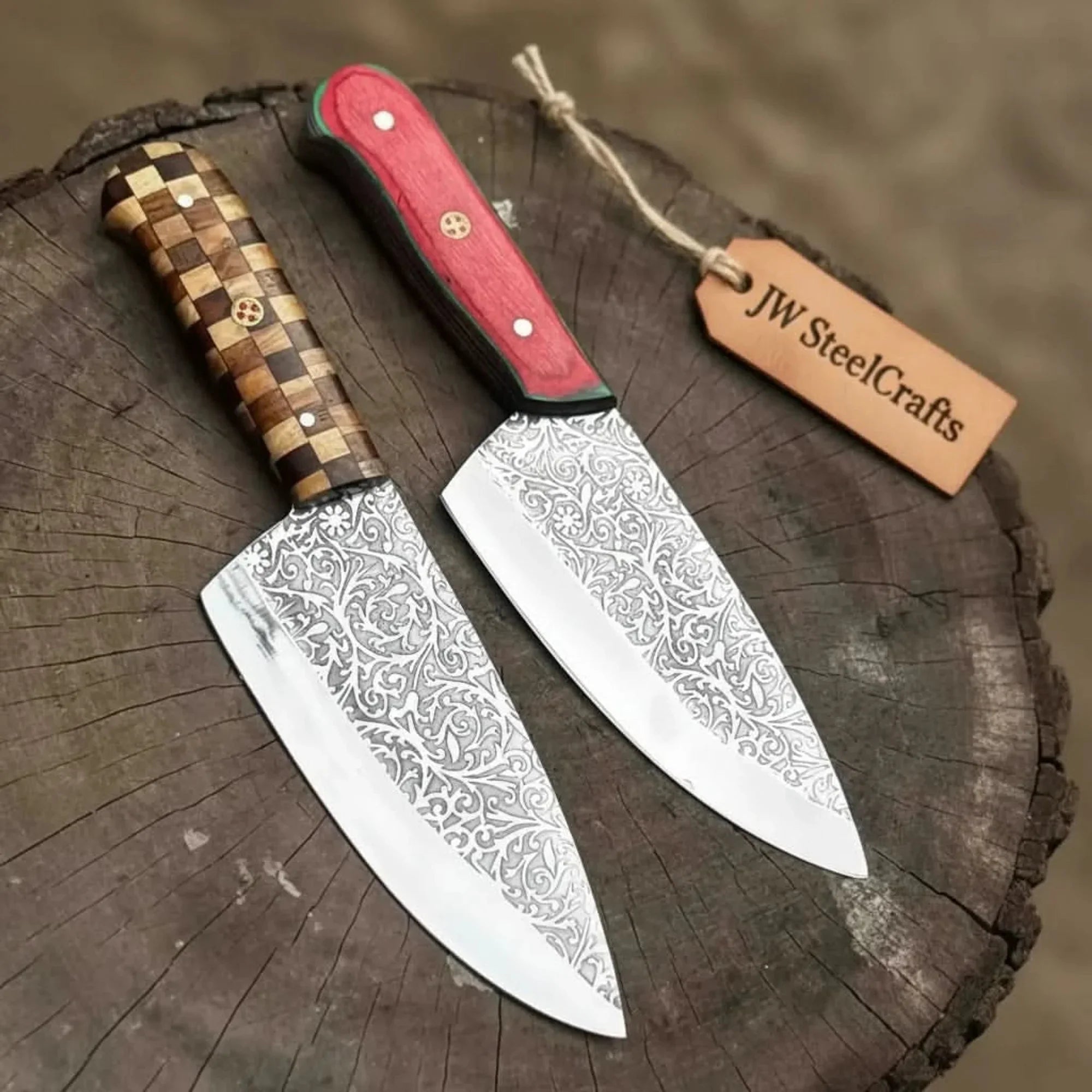 Acid-Etched Chef Knife with Red Pakka Wood & Checker Brown Wood Handle by JW SteelCrafts