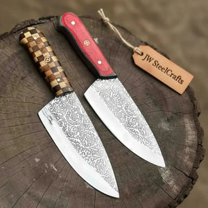 Acid-Etched Chef Knife with Red Pakka Wood & Checker Brown Wood Handle by JW SteelCrafts