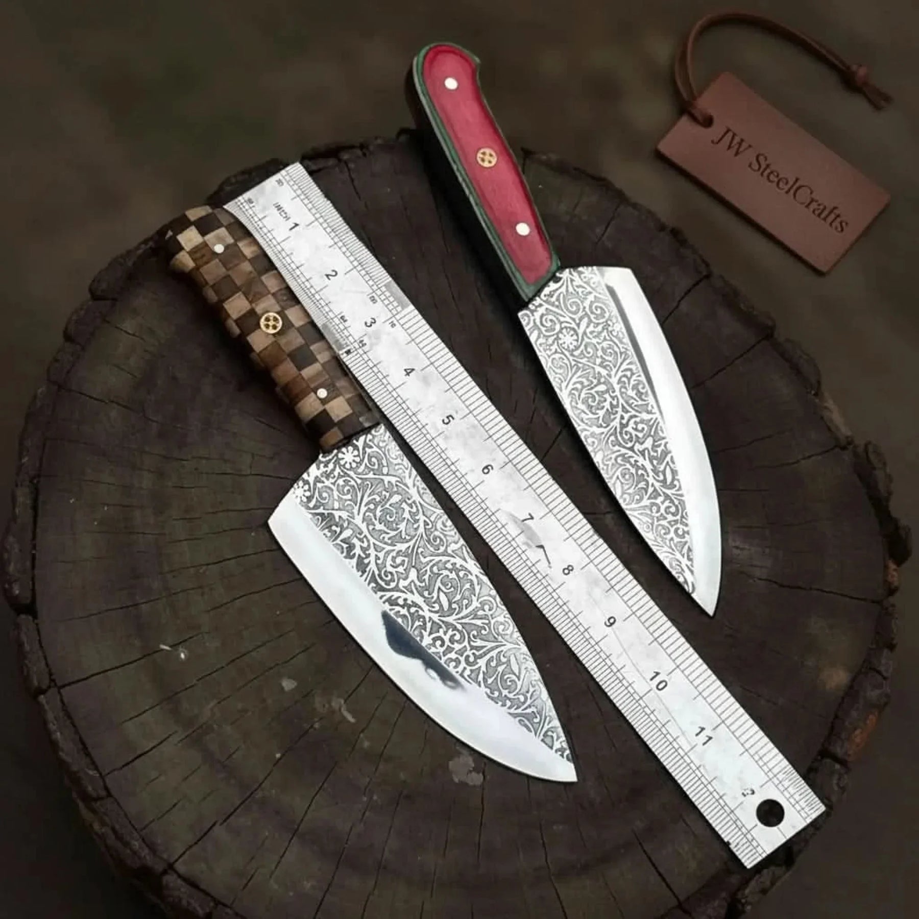 Acid-Etched Chef Knife with Red Pakka Wood & Checker Brown Wood Handle detail view by JW SteelCrafts