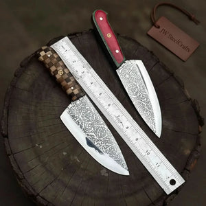 Acid-Etched Chef Knife with Red Pakka Wood & Checker Brown Wood Handle detail view by JW SteelCrafts