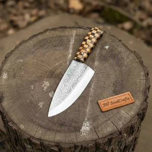 Acid-Etched Chef Knife with Red Pakka Wood & Checker Brown Wood Handle detail view by JW SteelCrafts