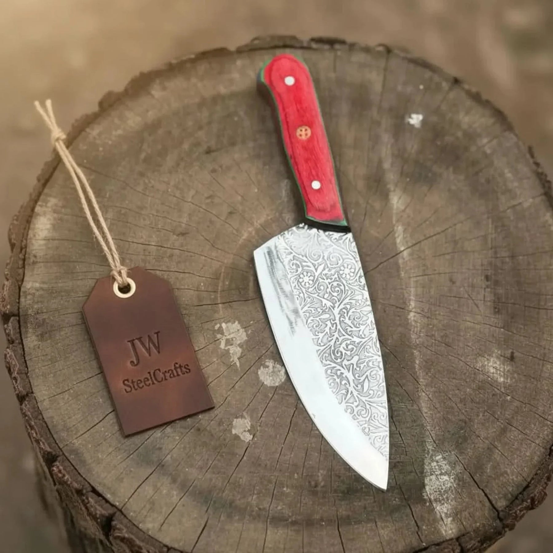 Acid-Etched Chef Knife with Red Pakka Wood & Checker Brown Wood Handle detail view by JW SteelCrafts