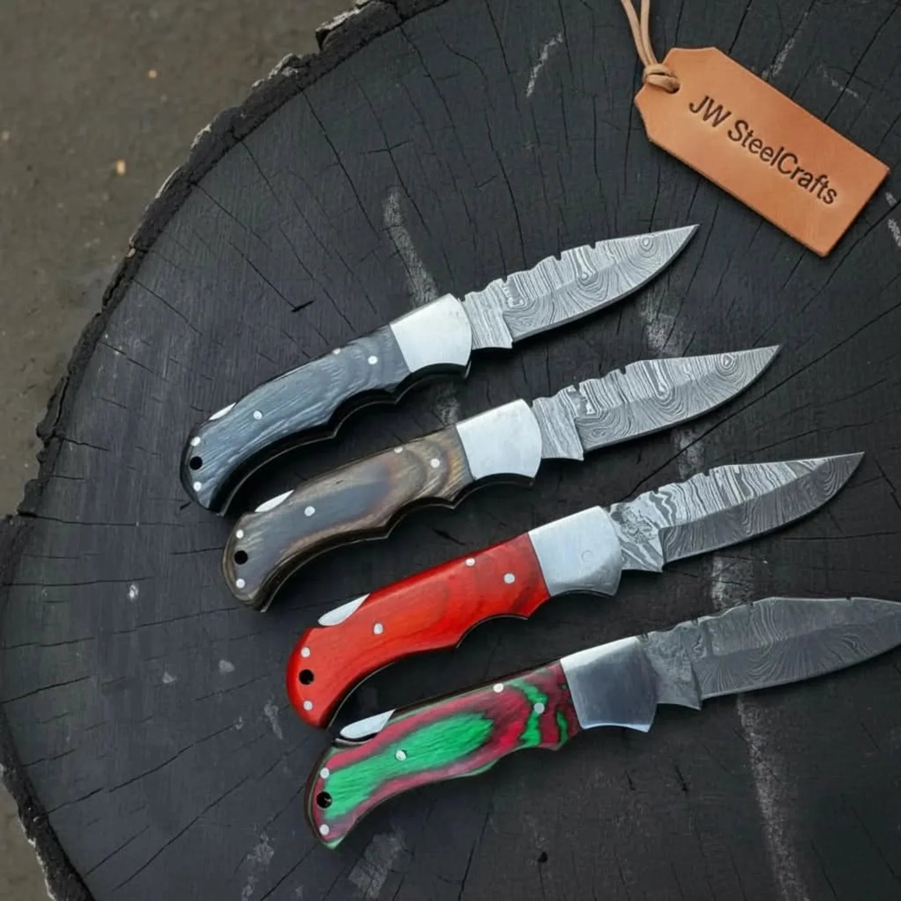 Handmade Damascus Steel Folding Knife 4 Premium Handle Variations by JW SteelCrafts
