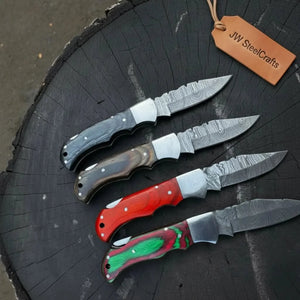 Handmade Damascus Steel Folding Knife 4 Premium Handle Variations by JW SteelCrafts