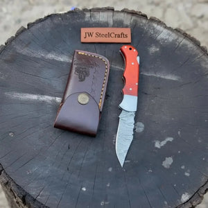 Handmade Damascus Steel Folding Knife 4 Premium Handle Variations detail view by JW SteelCrafts