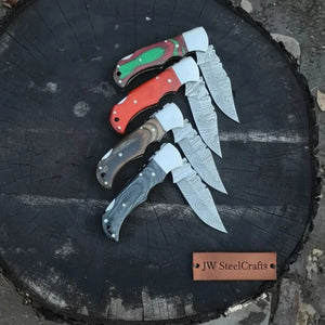 Handmade Damascus Steel Folding Knife 4 Premium Handle Variations detail view by JW SteelCrafts