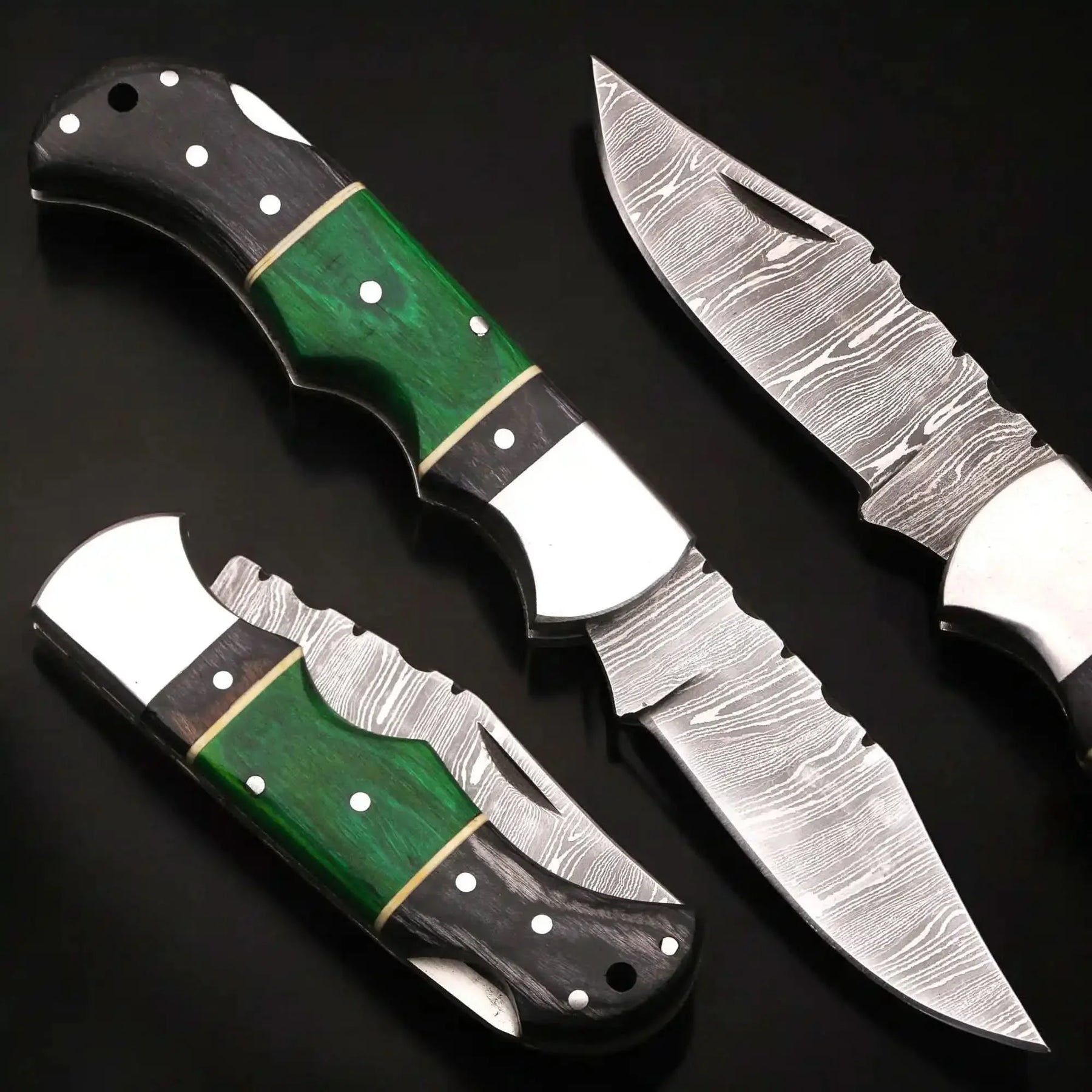 Green-Trail Damascus Pocket Knife with Wood Grain Blade by JW SteelCrafts