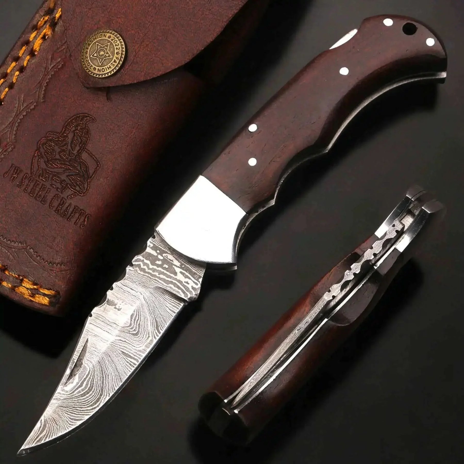 Damascus Rosewood Folding Knife with Lockback and Leather Sheath by JW SteelCrafts