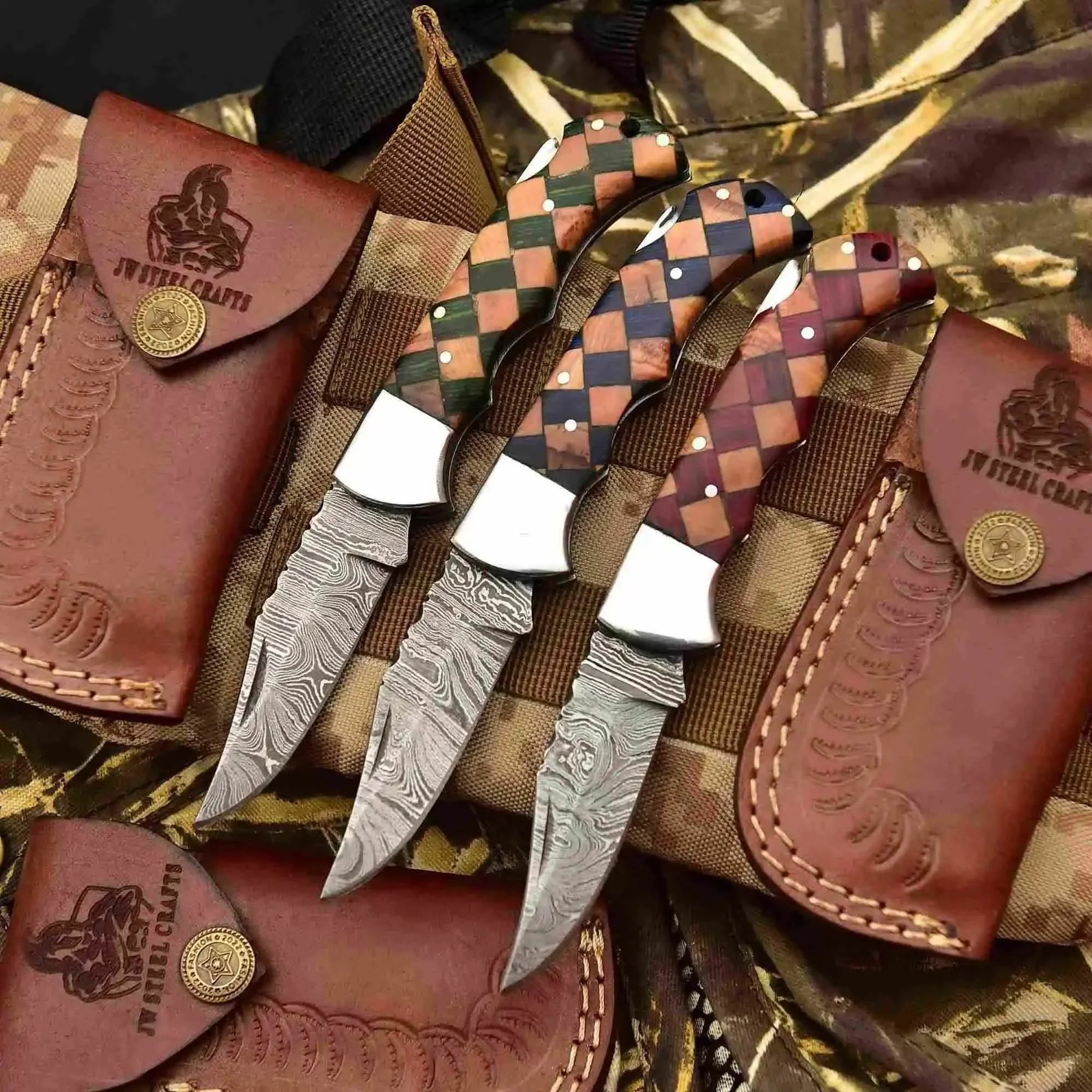 Checkered Damascus Folding Knife Set with Wood Handle by JW SteelCrafts