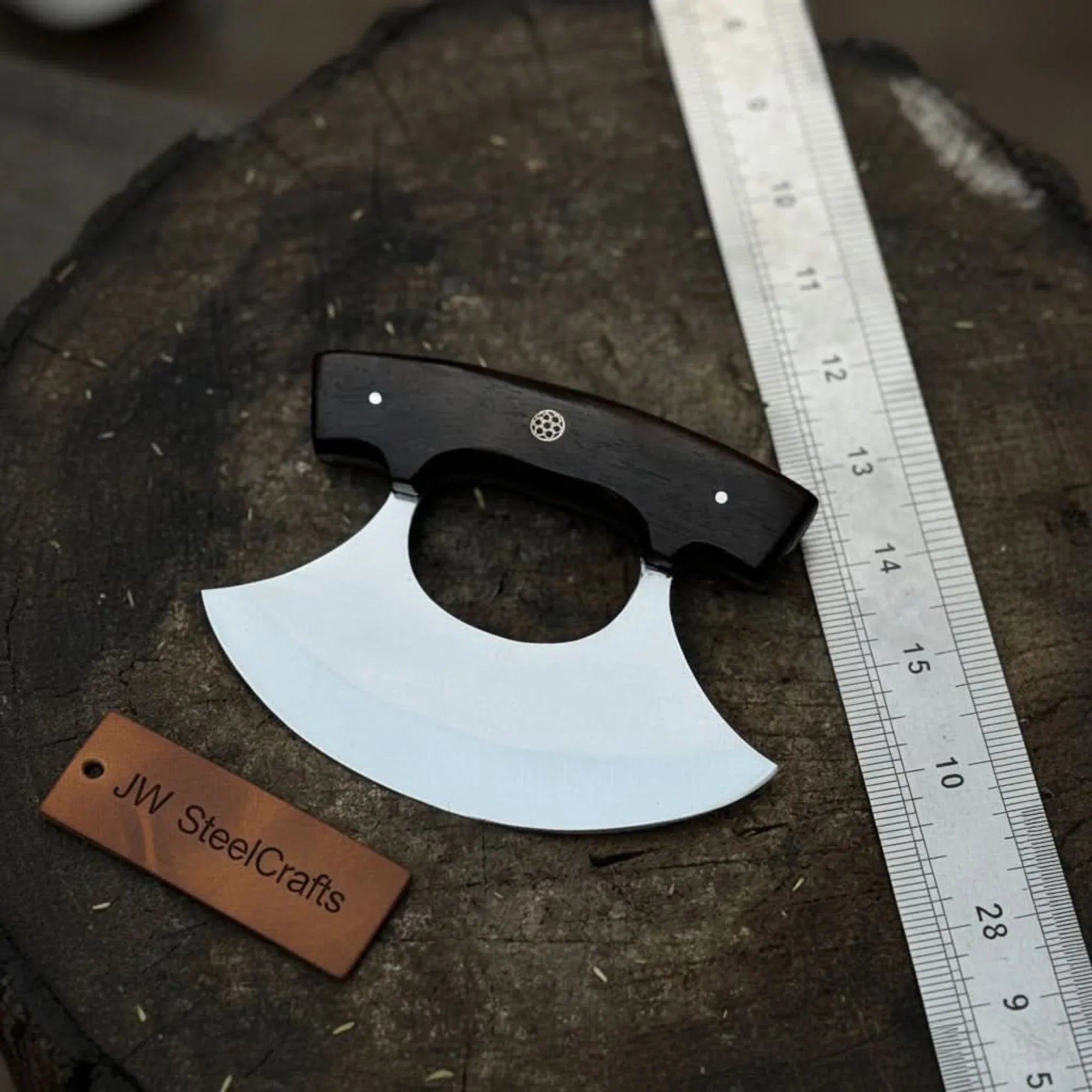 Handmade Ulu Chopper Knife — High Polished Stainless Steel Blade detail view by JW SteelCrafts