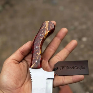 Stainless Steel Sheepsfoot Outdoor Knife Brown Orange Swirl Resin Handle detail view by JW SteelCrafts